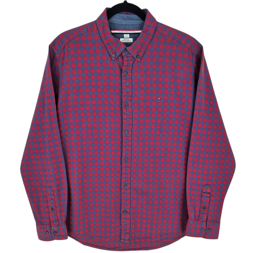 Tommy Hilfiger Red & Grey Checkered Custom Fit Dress Shirt Size L
