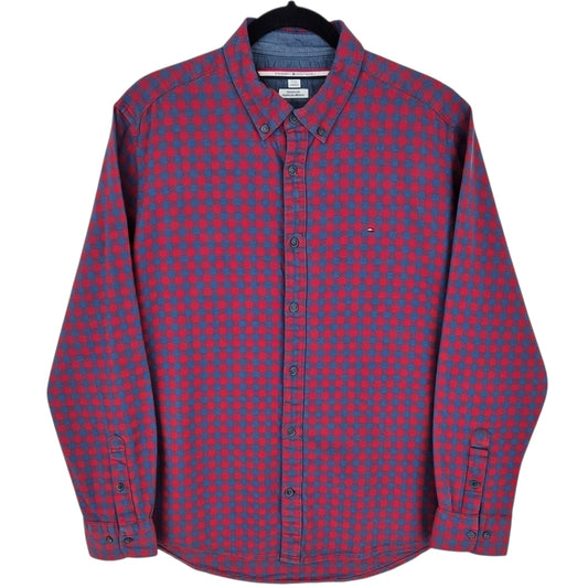 Tommy Hilfiger Red & Grey Checkered Custom Fit Dress Shirt Size L