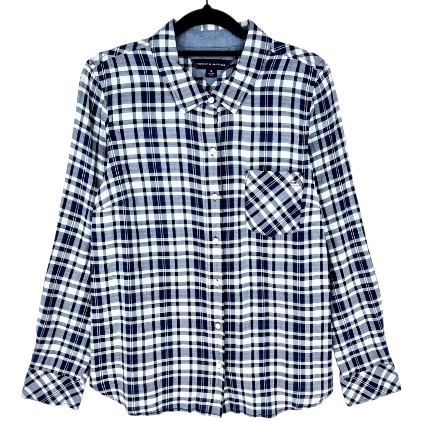 Tommy Hilfiger Womens Blue & White Checkered Linen Button Shirt Size M