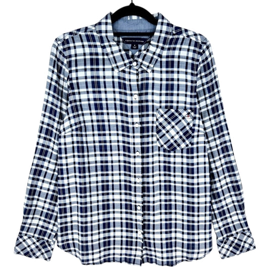 Tommy Hilfiger Womens Blue & White Checkered Linen Button Shirt Size M