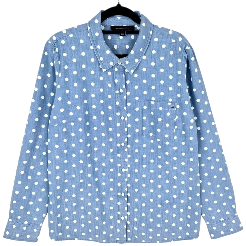 Tommy Hilfiger Womens Chambray Blue Spotted Long Sleeve Button Shirt Size L
