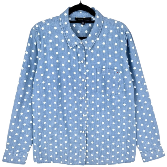 Tommy Hilfiger Womens Chambray Blue Spotted Long Sleeve Button Shirt Size L
