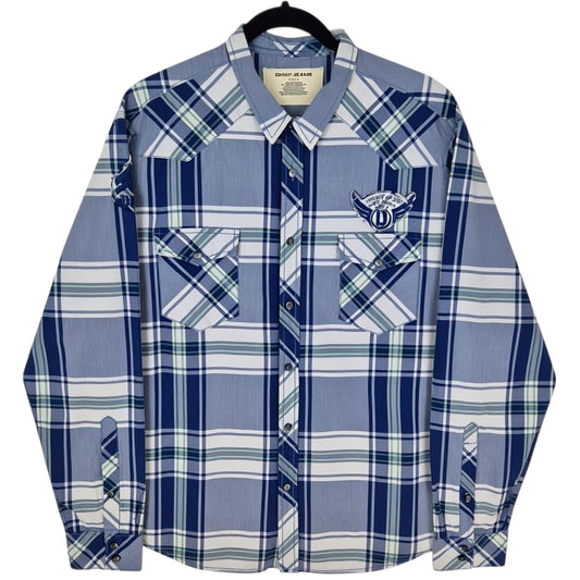DKNY Blue Embroidered Checkered Long Sleeve Button Shirt Size XL