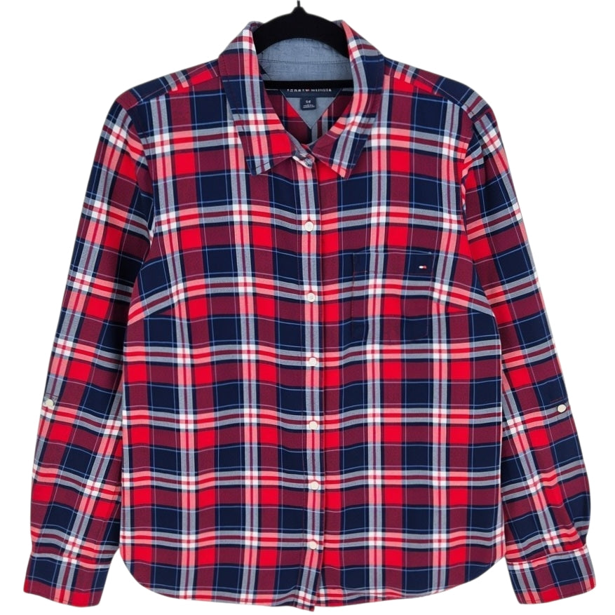 Tommy Hilfiger Womens Red & Blue Checkered Long Sleeve Button Shirt Size S