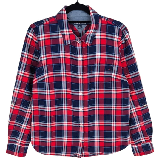 Tommy Hilfiger Womens Red & Blue Checkered Long Sleeve Button Shirt Size S