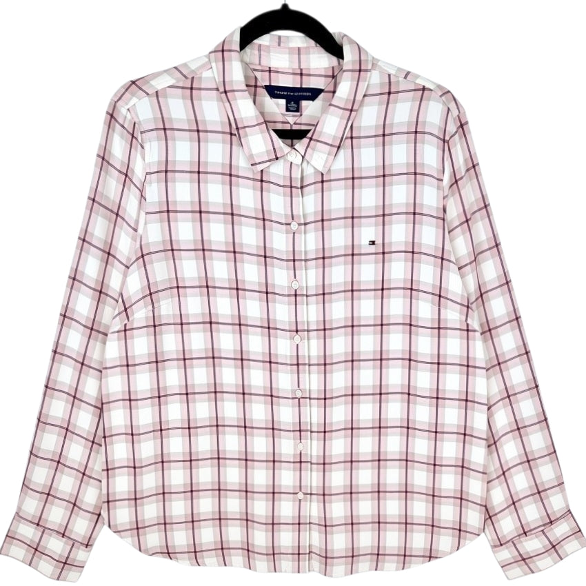Tommy Hilfiger Womens Pink & White Striped Long Sleeve Button Shirt Size XL
