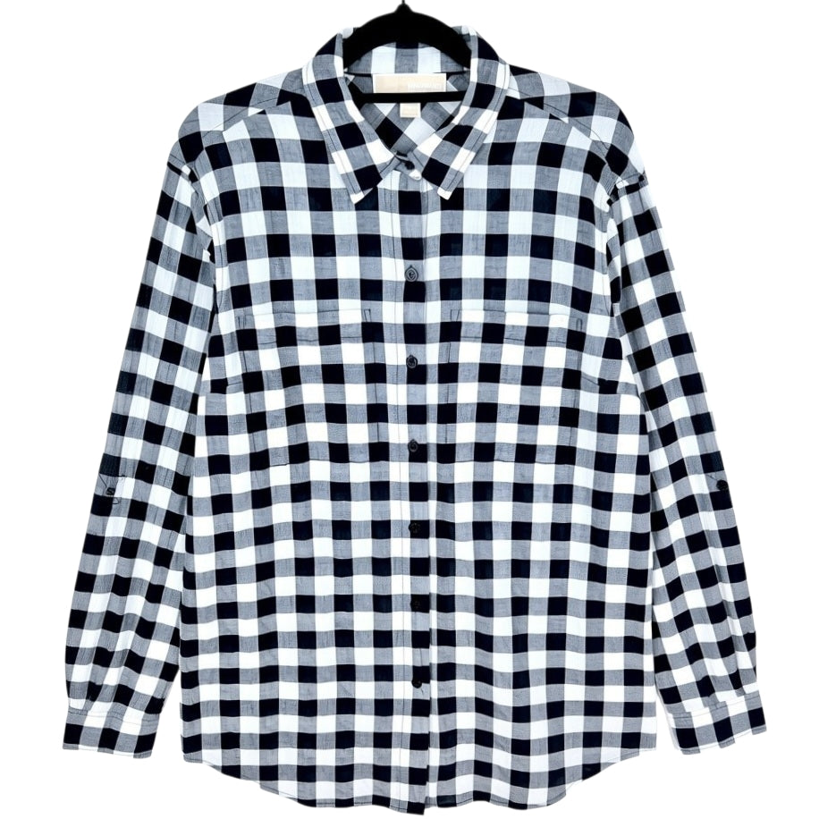 Michael Kors Womens Black & White Checkered Linen Button Shirt Size M