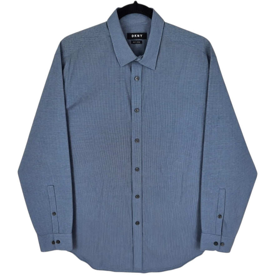 DKNY Blue Slim Fit Stretch Checkered Dress Shirt Size L