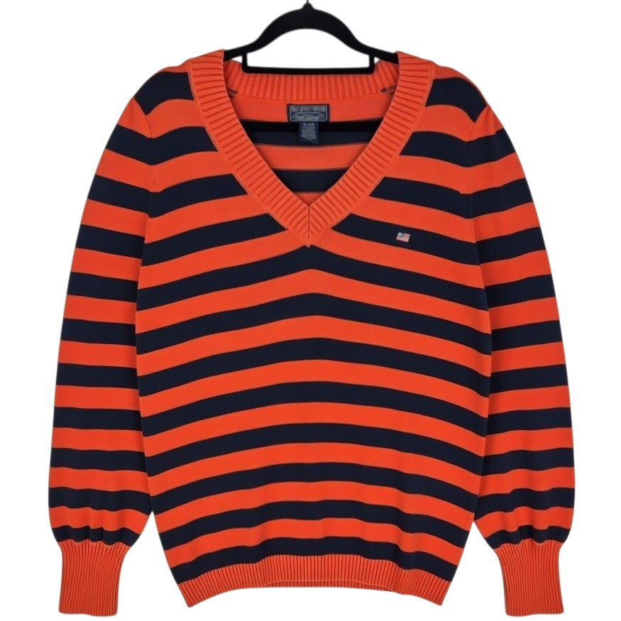 Polo Ralph Lauren Jeans Orange & Blue Striped Slim V Neck Knit Sweater Size XL