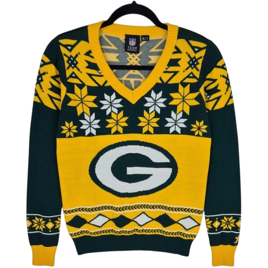 NFL Team Apparel Green Bay Packers Yellow V Neck Acrylic Knit Sweater Size S