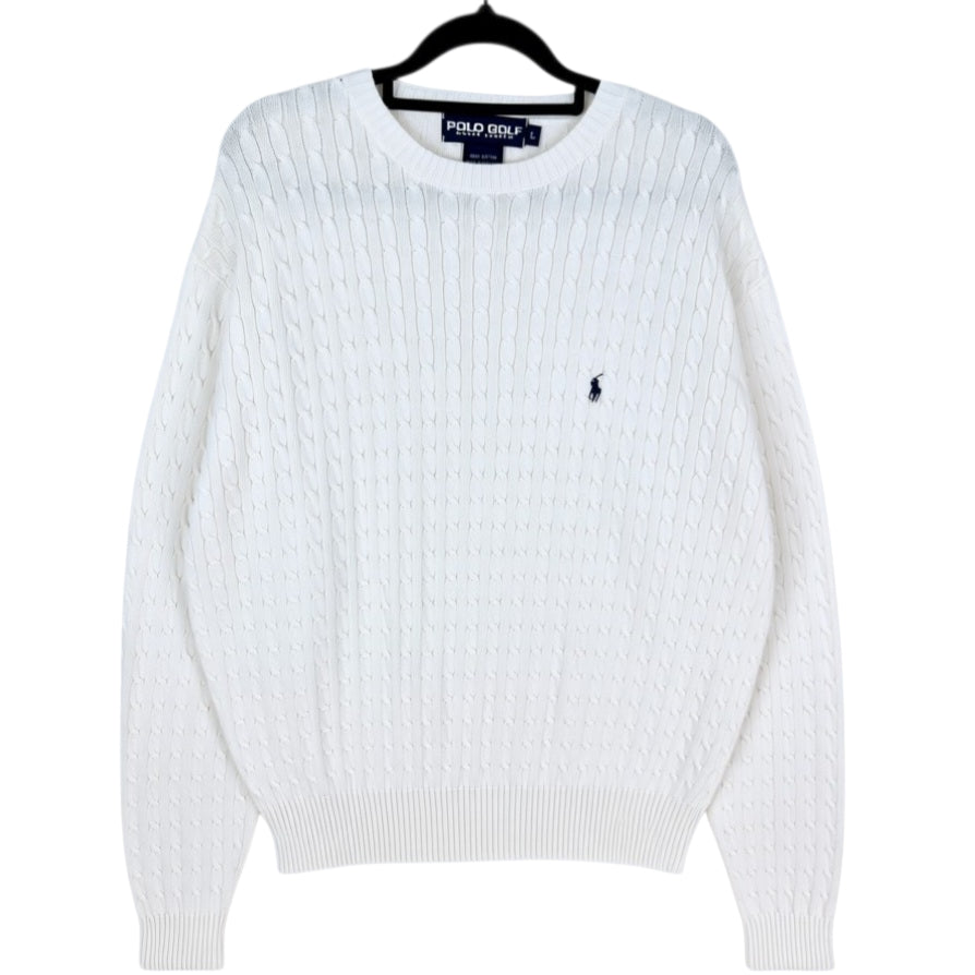 Vintage Polo Ralph Lauren Golf 90's White Crewneck Cable Knit Sweater Size L