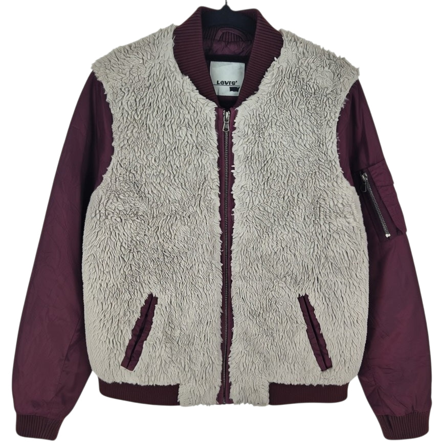 Levis Burgundy & Light Brown Quilted Fleece Bomber Jacket Size M