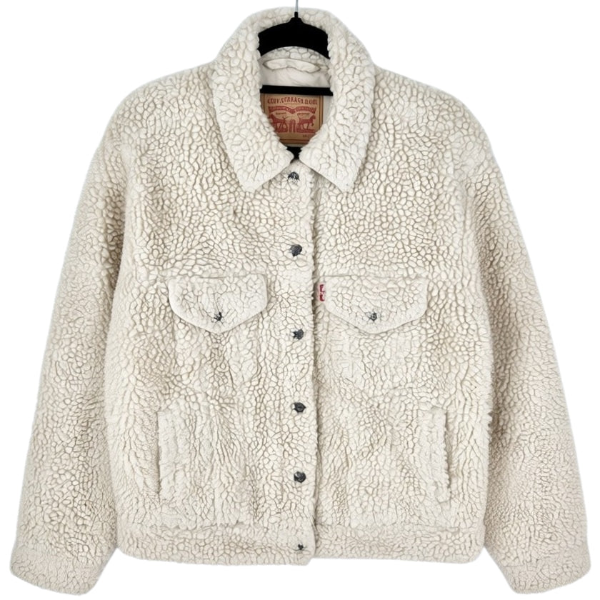 Levis Womens Cream Brown Quilted Button Fleece Jacket Size S
