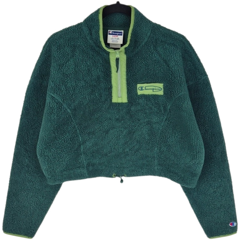Vintage Champion Womens Green Cropped Quarter Zip Fleece Jumper Size L