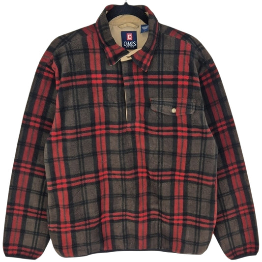 Chaps Brown & Red Checkered Quarter Button Fleece Jumper Size M