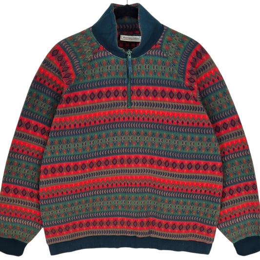 Vintage Bugle Boy 90's Green & Red Quarter Zip Fleece Jumper Size M