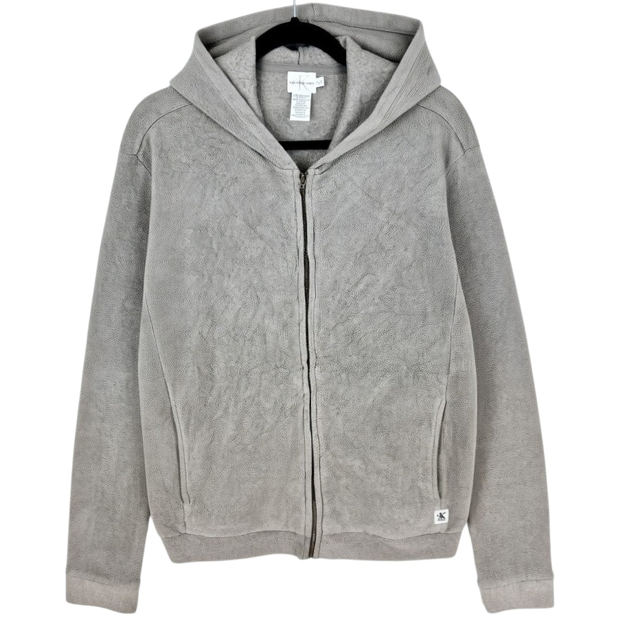 Vintage Calvin Klein 90's Oat Grey Hooded Fleece Zip Jumper Size L