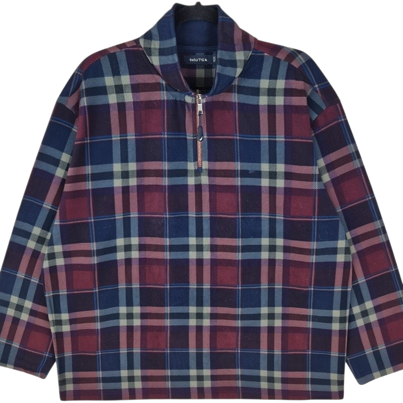 Nautica Burgundy & Dark Blue Quarter Zip Fleece Jumper Size 2XL
