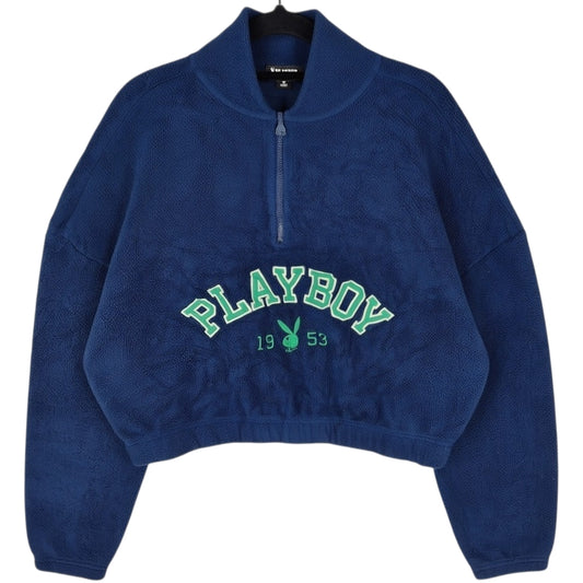 Playboy Womens Dark Blue Embroidered Quarter Zip Crop Fleece Jumper Size M