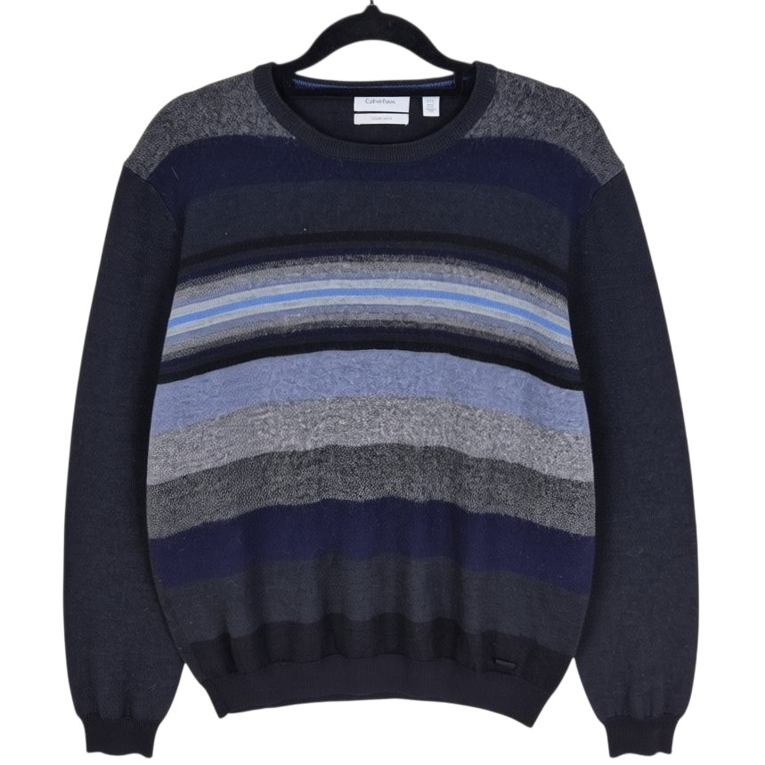 Calvin Klein Black & Grey Striped Merino Wool & Acrylic Knit Sweater Size L