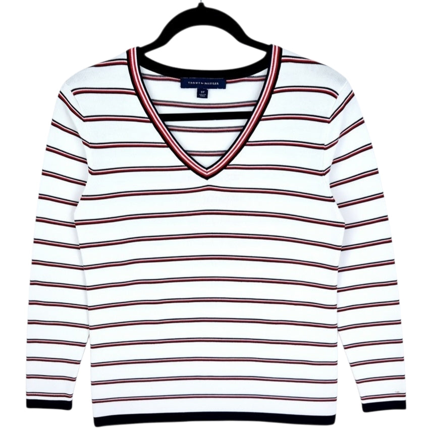 Tommy Hilfiger Womens White Striped V Neck Knit Sweater Size S