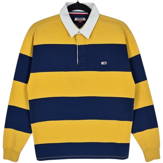 Tommy Jeans Dark Blue & Yellow Striped Long Sleeve Polo Shirt Size S