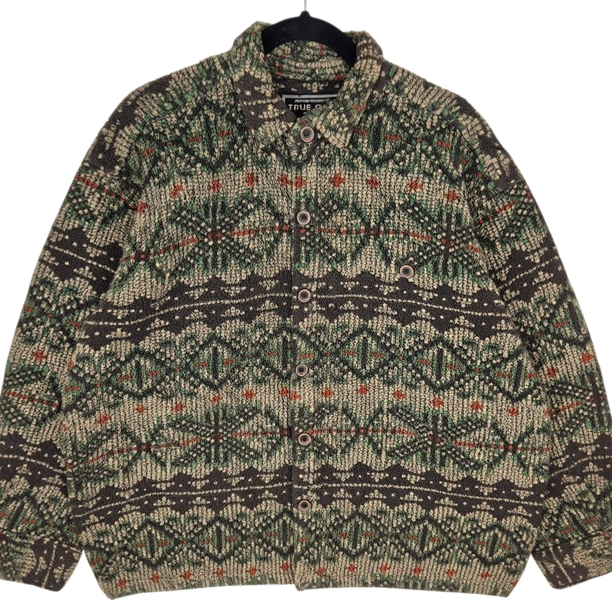 True Grit Green & Brown Button Fleece Jumper Size M