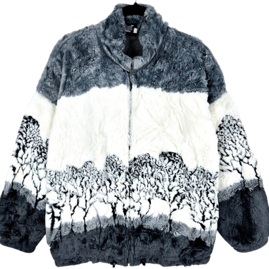 Vintage Ezze Wear White & Grey Heavy Mink Fleece Jacket Size M