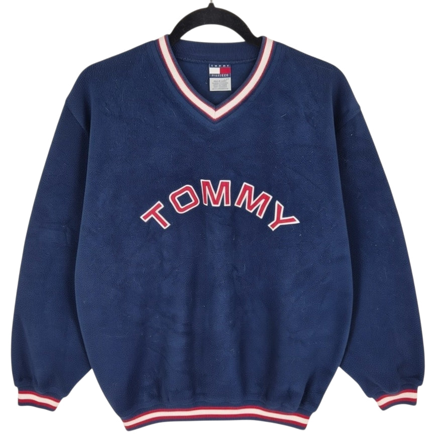 Vintage Tommy Hilfiger 90's Womens Dark Blue Embroidered Fleece Jumper Size L