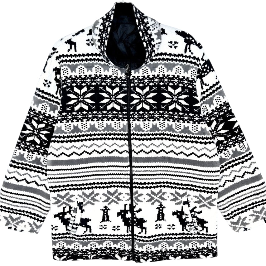 White & Grey Striped Fleece Jacket Size L