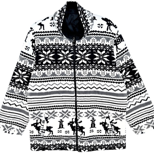 White & Grey Striped Fleece Jacket Size L