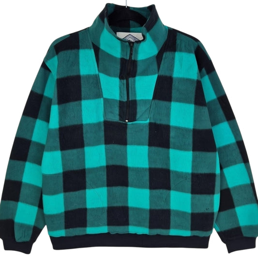 Vintage Trader Bay 90's Black & Green Checkered Quarter Zip Fleece Jumper Size L