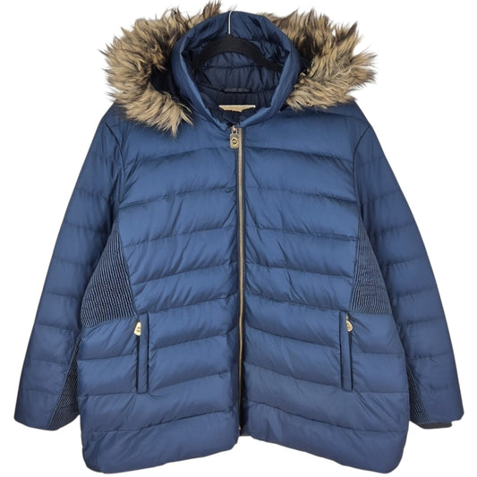 Michael Kors Womens Dark Blue Fur Hood Puffer Jacket Size 2XL