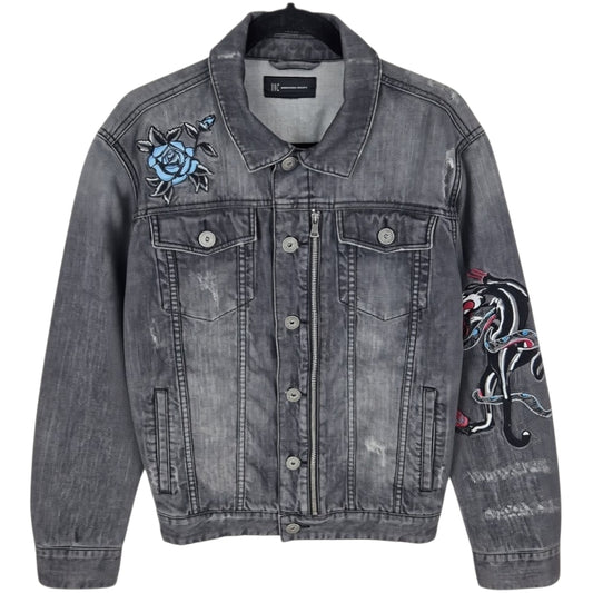 International Concepts Grey Embroidered Distressed Denim Jacket Size S