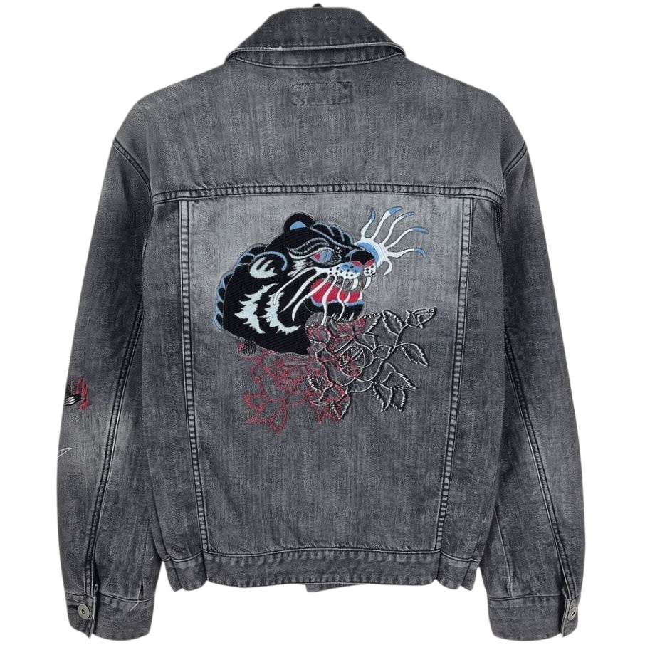 International Concepts Grey Embroidered Distressed Denim Jacket Size S