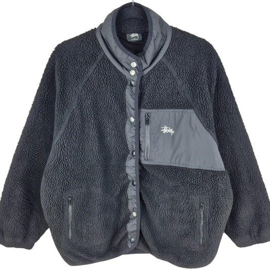 Stussy Womens Black Oversized Fleece Button Jumper Size L