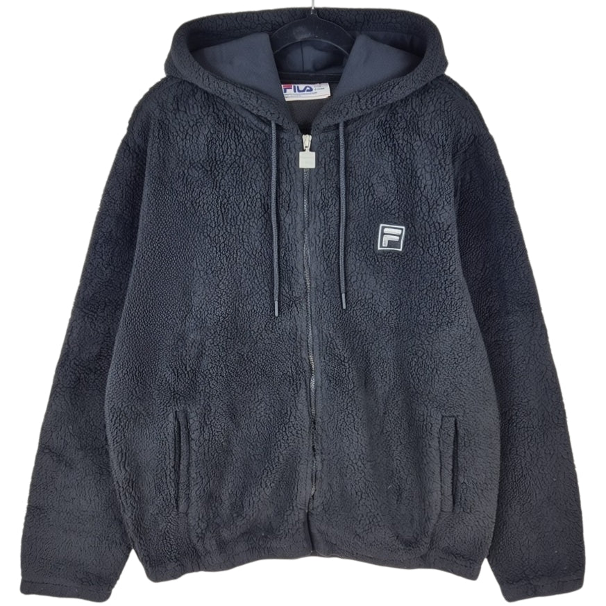 FILA Black Oversized Embroidered Fleece Zip Hoodie Size M