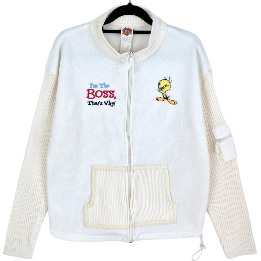 Vintage Disney Looney Tunes Cream White Tweety Fleece Zip Jumper Size XL
