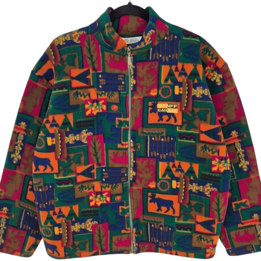 Vintage Banff Canada Colourful Fleece Zip Jumper Size L