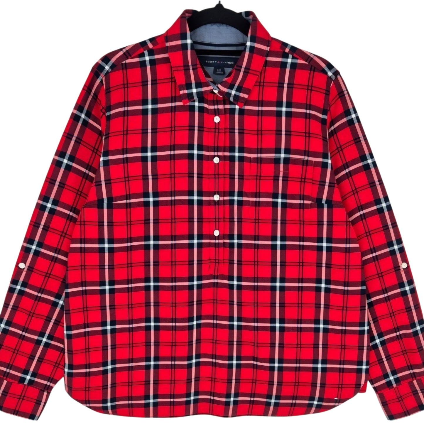 Tommy Hilfiger Womens Red Checkered Half Button Shirt Size L