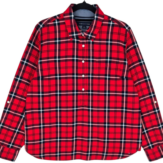 Tommy Hilfiger Womens Red Checkered Half Button Shirt Size L