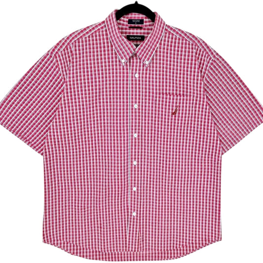 Nautica Red Checkered Short Sleeve Button Shirt Size L