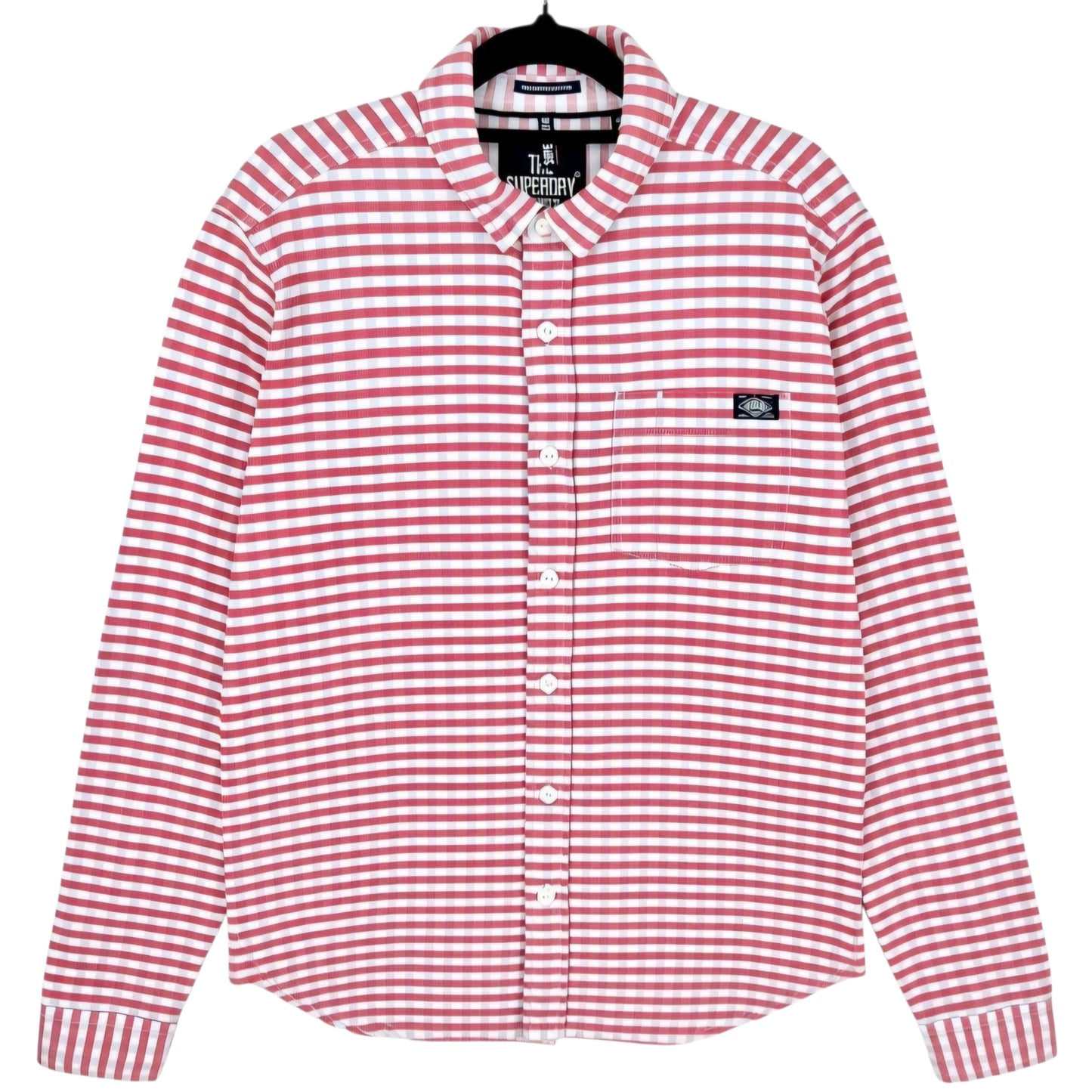 Superdry Coral Pink & White Striped Long Sleeve Textured Button Shirt Size L
