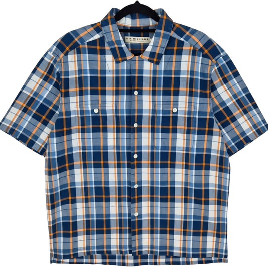 RM Williams Blue Checkered Linen Square Cut Short Sleeve Button Shirt Size L