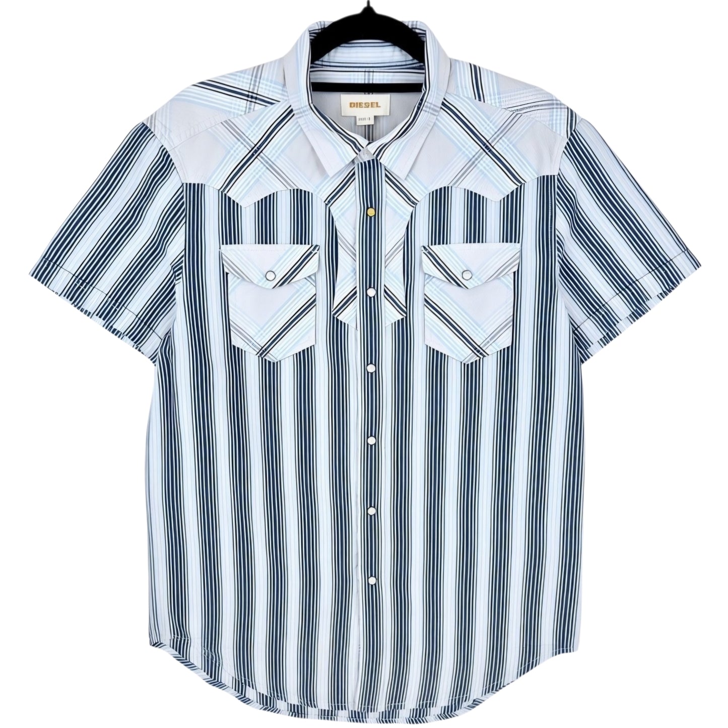 Diesel White & Blue Striped Short Sleeve Button Shirt Size L