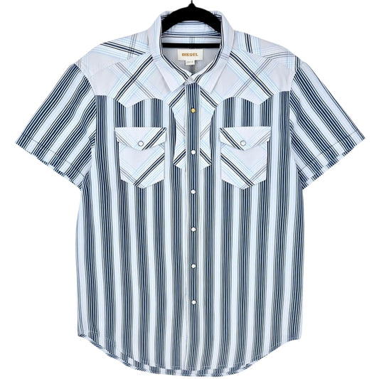Diesel White & Blue Striped Short Sleeve Button Shirt Size L