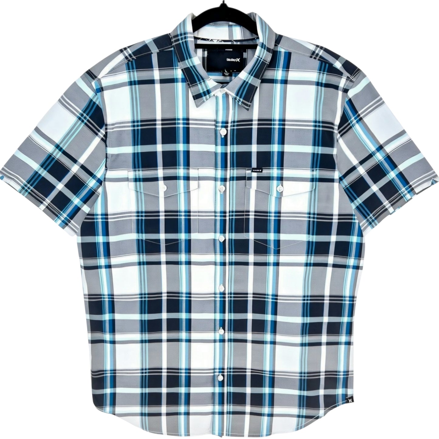 Hurley Blue & Grey Checkered Short Sleeve Button Shirt Size L