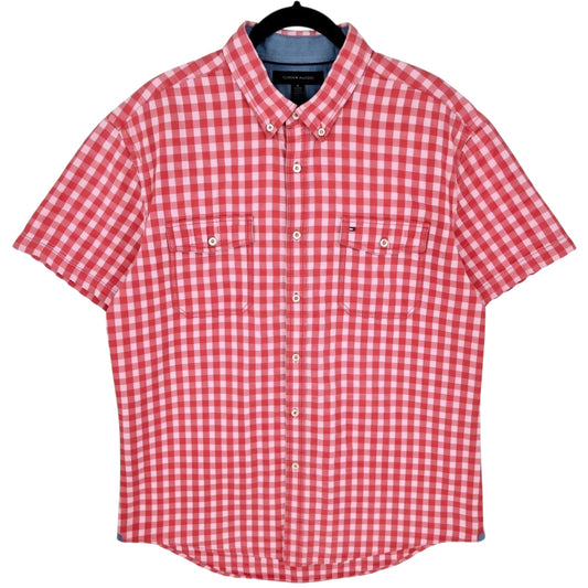 Tommy Hilfiger Coral Pink Textured Short Sleeve Button Shirt Size XL