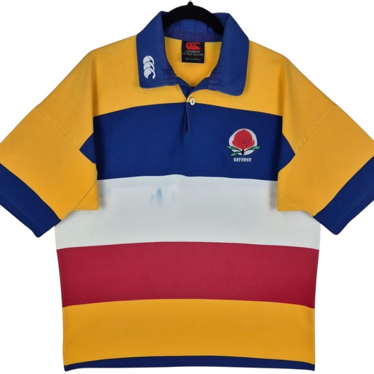 Vintage Canterbury Rugby 90's Red Yellow & Blue Referee Polo Shirt Size XL