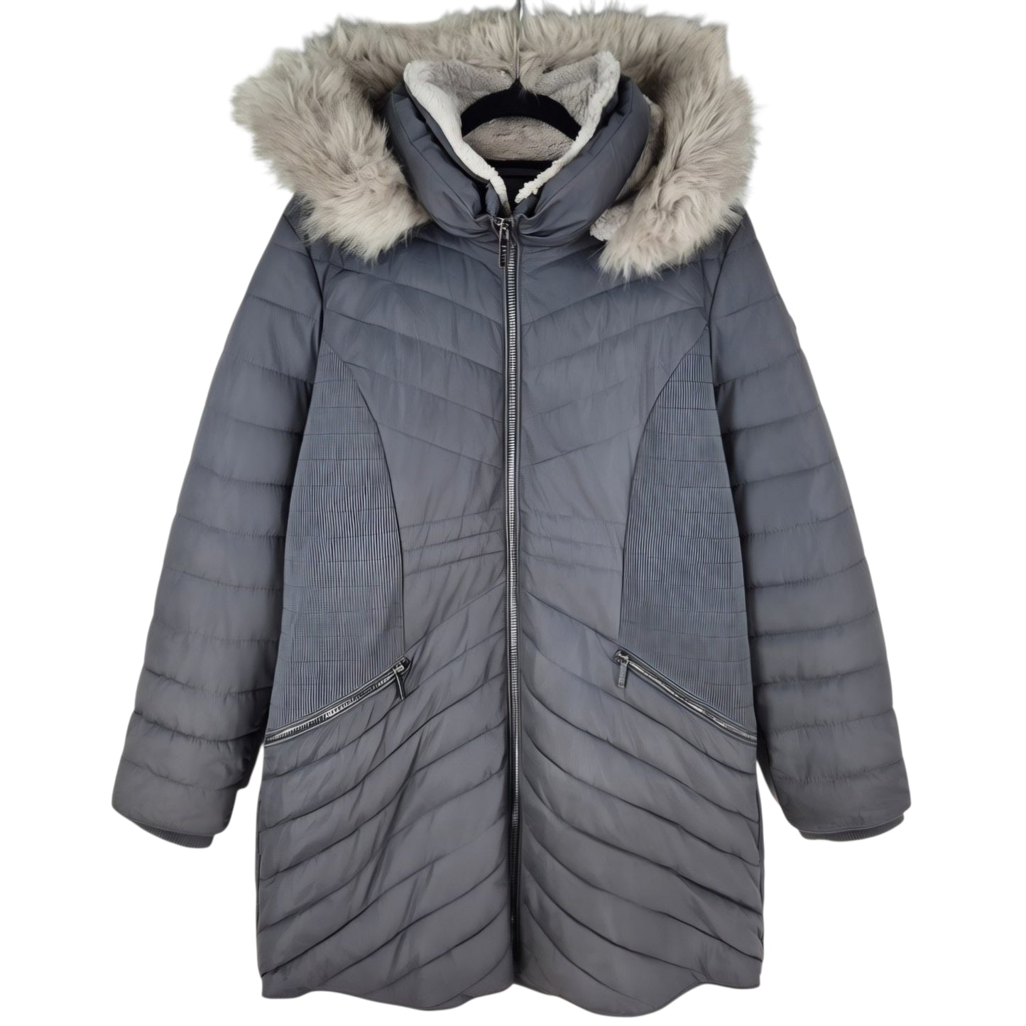 DKNY Grey Heavy Fur Hood Trench Coat Jacket Size L